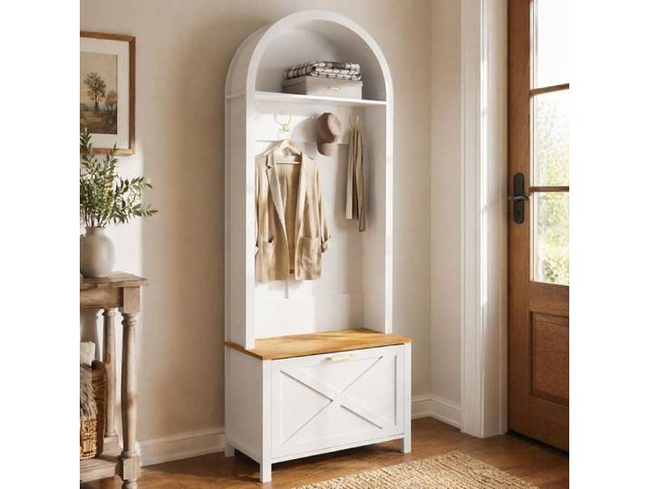 VEVXYN meuble rangement vestiaire d entree porte manteau avec meuble a chaussures MDF blanc et bois 75 x 35 x 195 cm