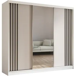 KLEIDERSCHRANK mit Spiegel-Schiebetüren und Aluminium-Leisten - NALLA - 240 cm Weiß+Weiß+Schwarz
