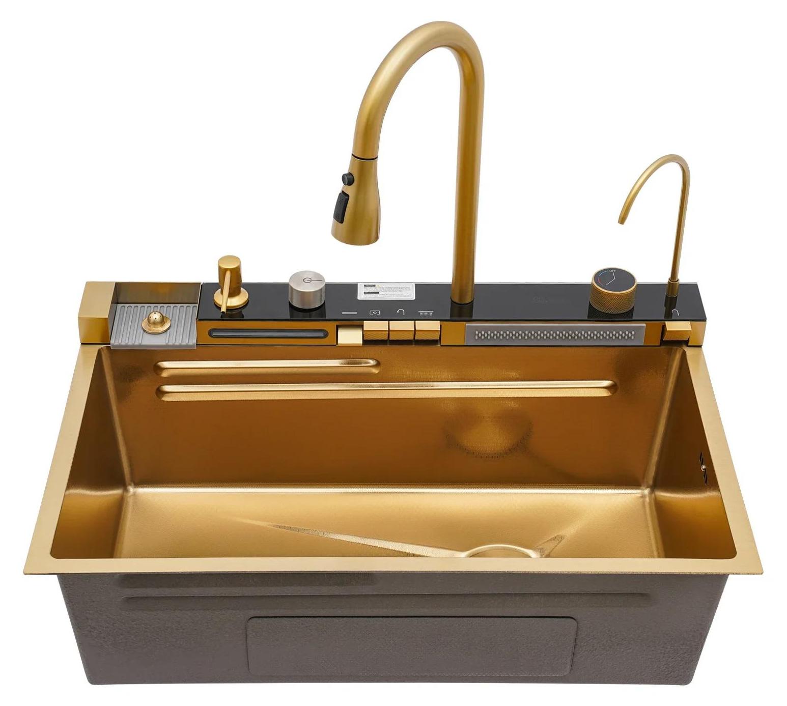 Wasserfall-Küchenspüle - Einbeckenspüle aus Edelstahl - Ausziehbare Armatur - Temperaturregelbar - Mehrere Wasserstrahlarten - 75 x 46 x 22 cm - Gold
