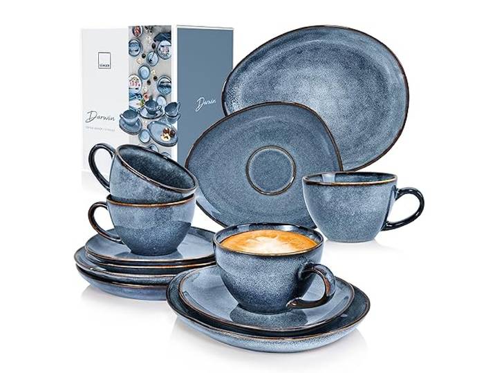 SÄNGER Kaffeeservice Darwin 12 tlg, Kaffeegeschirr 4 Personen, Steingut Kaffee Set, Kaffee Set Spülmaschinenfest, Service mit Tassen Untertassen & Desserttellern Blau 300 ml