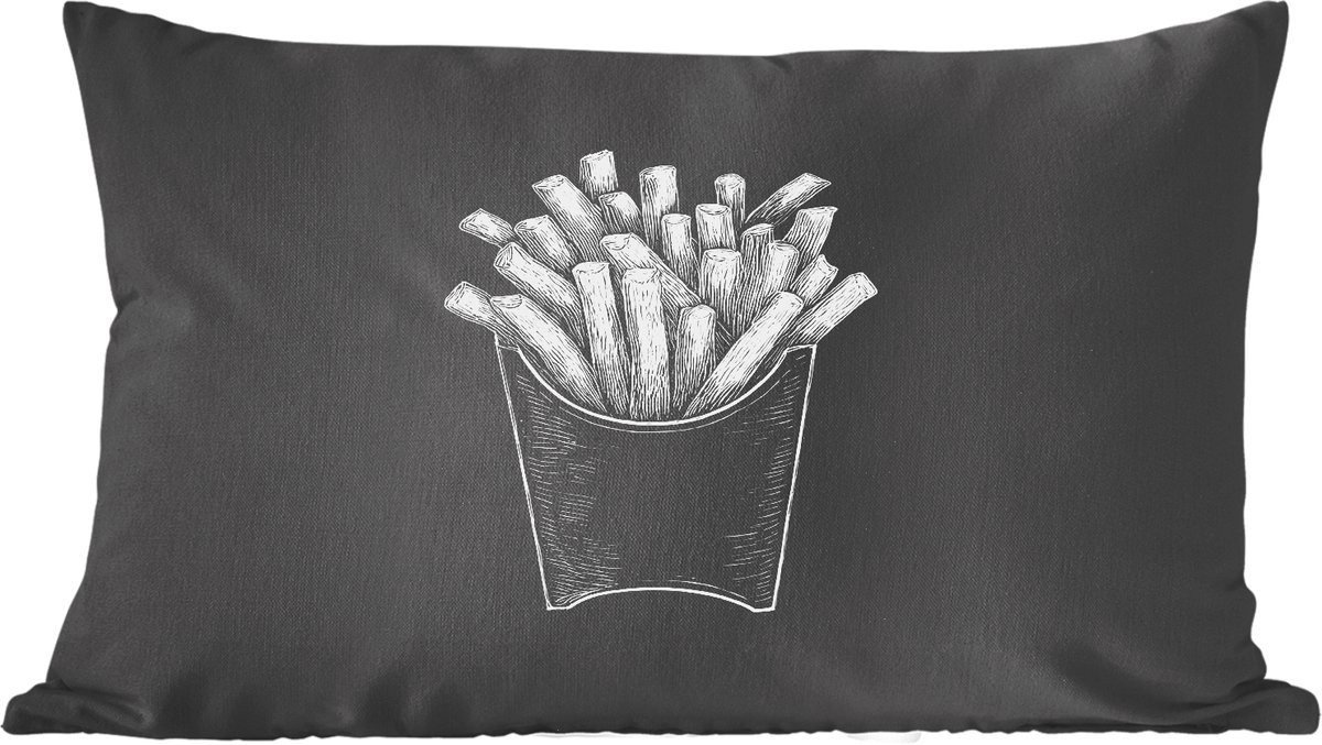 Sierkussen Friet Zwart met Witte Krijttekening - 50 x 30 cm