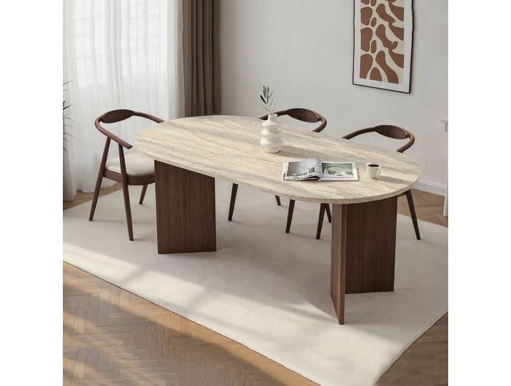 Table Fixe Monterano\, 6 Places\, Forme Ovale\, Plateau Beige\, 180x90x75h Cm Beige Marbre