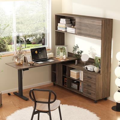 FUFU&GAGA Brown Wood Grain Electric Height-Adjustable Desk Standing Desk Computer Desk: Stylish and Functional Workspace Solution