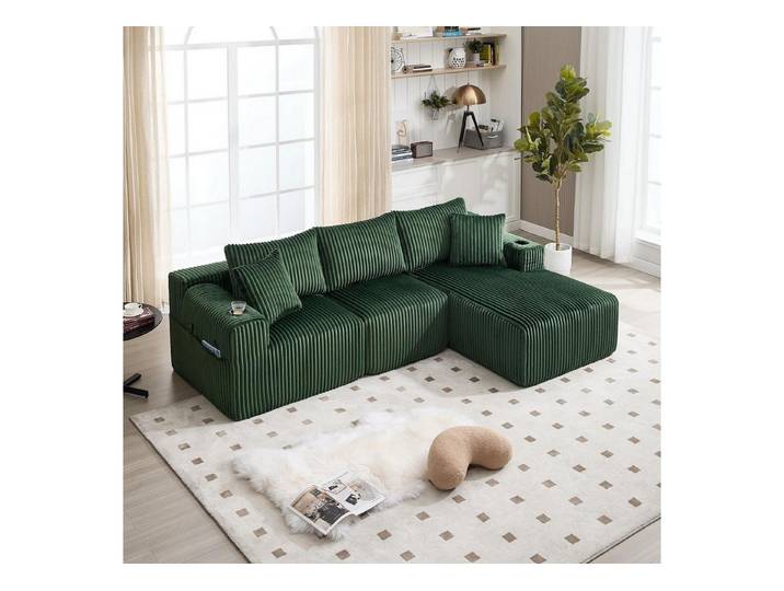 LuxusKollektion Wohnlandschaft Eckcouch L 257x160x62cm 5 Kissen Taschen Getränkehalter Smaragdgrün