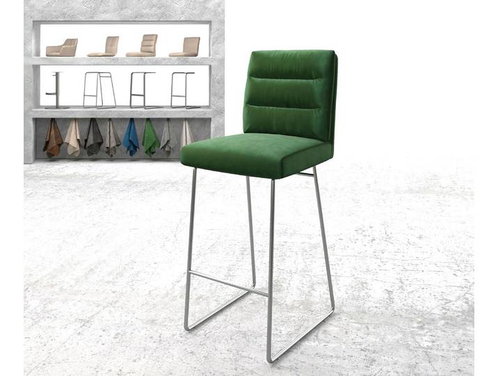 Chaise de bar Pela Flex velours vert cadre de patins acier inoxydable