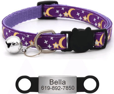 Inspire Curations Personalized Reflective Star & Moon Cat Collar With Engraved ID Tag purple