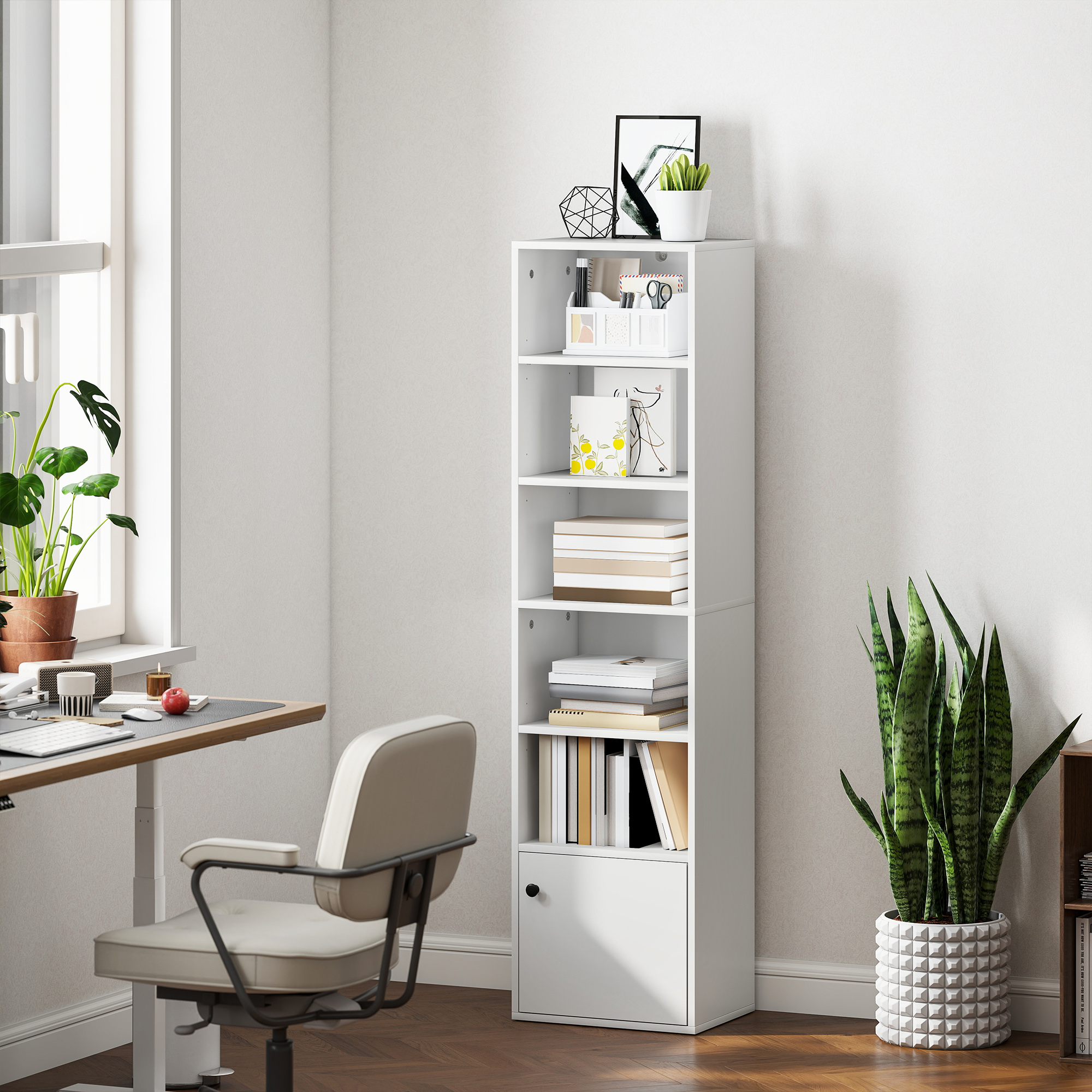 Homcom Libreria Verticale a 6 Livelli con Armadietto, per Soggiorno Camera da Letto Ufficio, 40x30x156 cm, Bianco   Aosom Italy