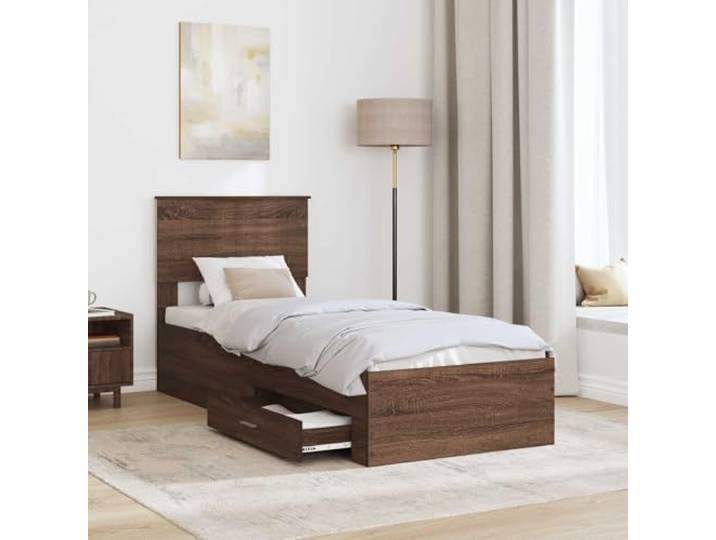 SKTQYQO Bettkasten Eiche Braun und Silber 75 x 190 cm Technisches Holz, 2 Schubladen, feste Latten, modernes Design, einfache Reinigung