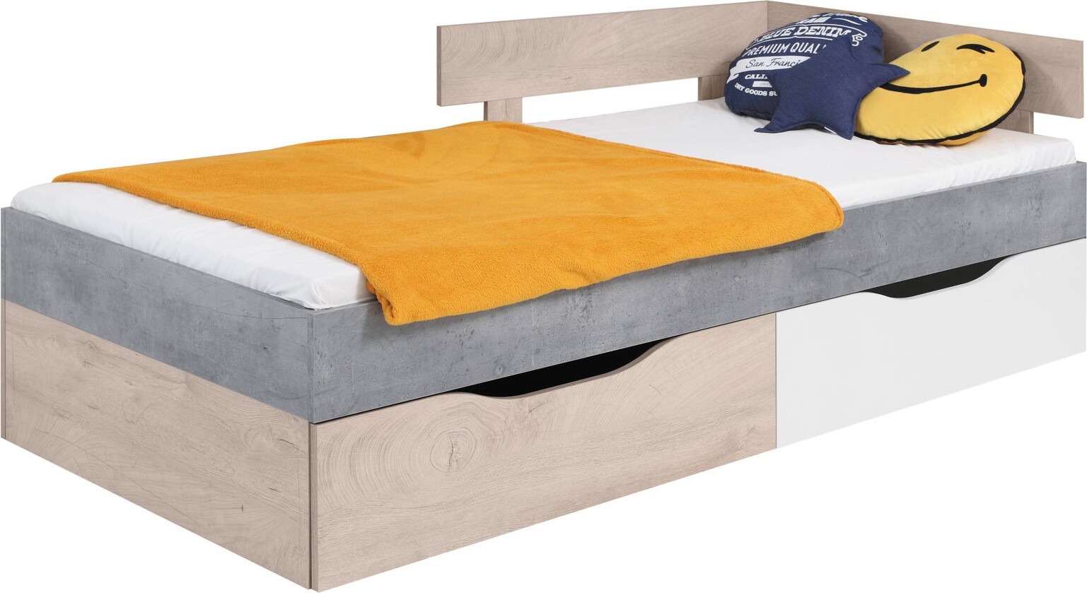 Furniture24 Bett Sigma SI - 15 mit 2 Schubladen Einzelbett Jugend und Kinderzimmer Taschenfederkernmatratze 90x200 cm Beton/Weiß Lux/Eiche