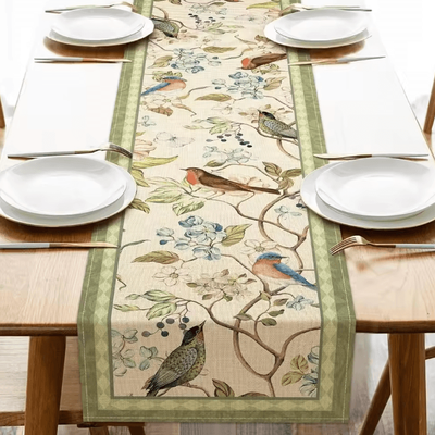 Uplift Curations Vintage Floral Bird Linen Table Runner Farmhouse Kitchen Dining Decor 01 70.8x13inch