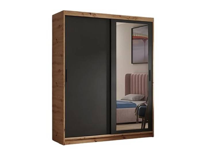 Margaret Hadas24 Kleiderschrank Henry mit Spiegel, Organizer, Mehrzweckschrank, Schwebetürenschrank, Garderobenschrank, Kleiderstange, Schrank, Schwebetürenschrank (Artisan, schwarz, 160 cm)