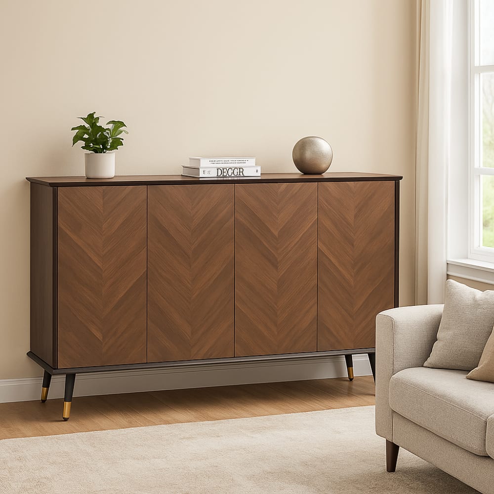 Urban Meuble Buffet haut en bois motif chevron avec pieds noirs Marron 140x80x40cm
