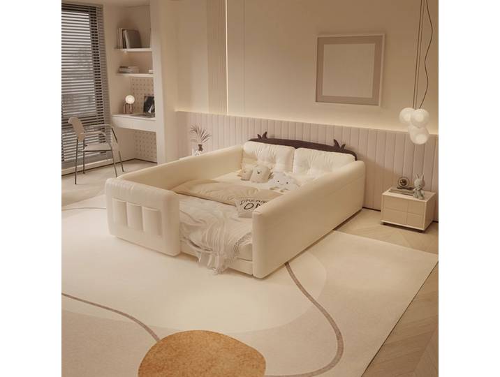 Lit pour enfant avec tête de lit design 'Cow', lit avec barrière de sécurité crème, lit à panneaux modulables, barrière haute, lits de chambre à coucher, accessoires de chambre
