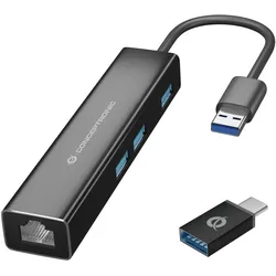 CONCEPTRONIC 3-Port USB-Hub mit Netzwerkadapter, USB-C 3.0 [Stecker]