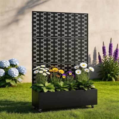 Uixe Rectangular Decorative Metal Privacy Screen with Planter Box Wheels