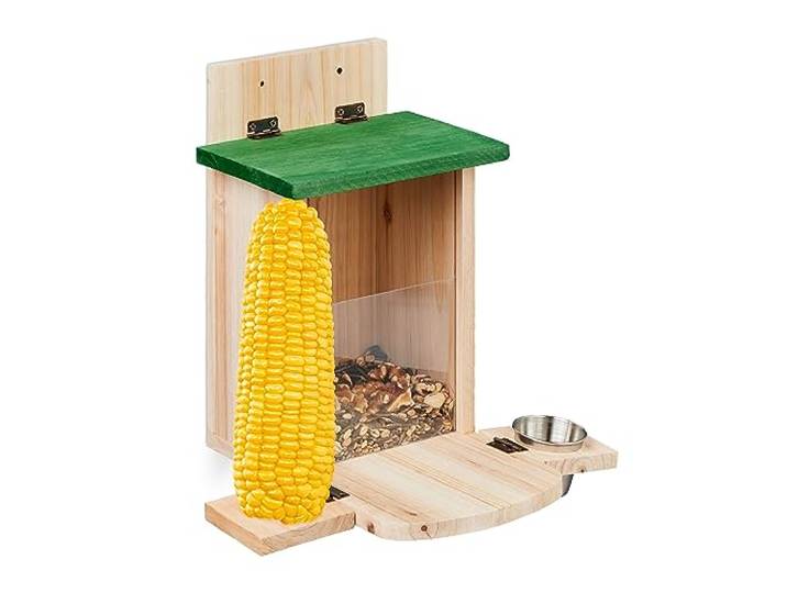Relaxdays Mangeoire en Bois pour écureuils\, vis Qui Permet de Tenir l’épi de maïs\, Seau à Eau\, Nature et Vert