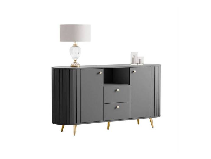 yourhouse24 Kommode LINNEA 150cm 2D2S Runde Ecken Lamellen Kaschmir/Schwarz