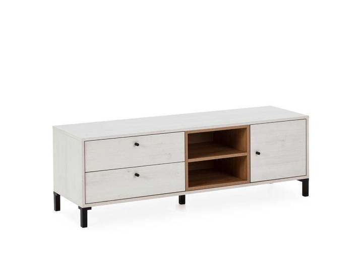 VS Venta-stock Tv-Element Javea 2 Schubladen Farbe Weiß, Rechteckig, 136x47x40 cm, Wohnzimmer, TV Möbel, Lowboards, Lowboards stehend