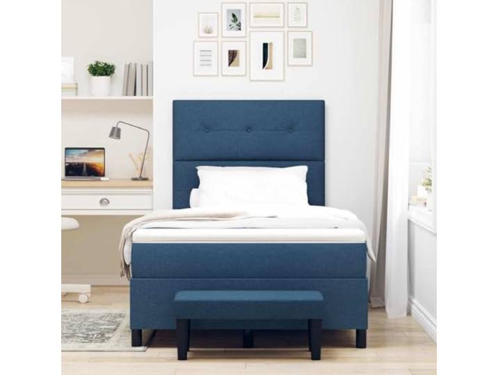 KTHLBRH Boxspringbett Blau 120 x 190 cm mit verstellbarem Kopfteil Struktur aus Holz, mittlere Matratze, atmungsaktiver Stoff, 280 kg