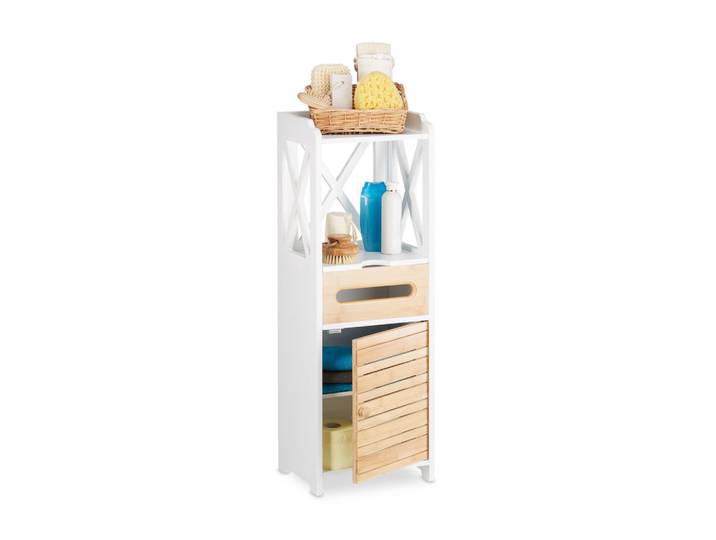 Relaxdays Beistellschrank Weiß Natur 5 Ablagen Bambus, Holz, 31.5x89x24.5 cm, Waschküche, Mehrzweckschränke