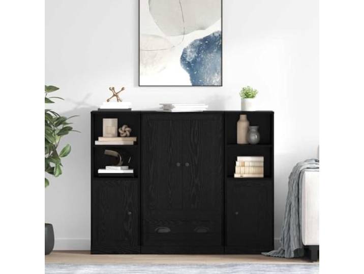 RJPLMFV Oberschrank mit Schublade, 3-teilig, Eichenholz, Schwarz Scharniertüren, verstellbare Regale, Metallgriffe, für Esszimmer