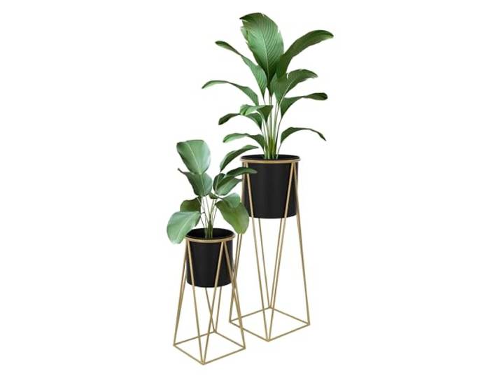 ML-Design Blumenständer 2er Set, Schwarz-Gold, 21,8x22x47cm/25x25x71cm, Stahl, Blumentopfständer mit Übertopf, Metall Pflanzenständer, Blumentopfhalter 2-TLG, Pflanztopf Deko Blumensäule Blumenhocker