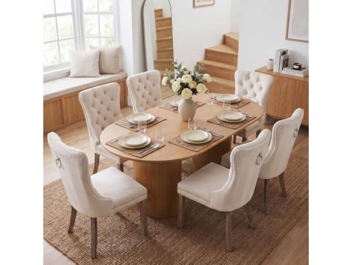 SoarTalent 6er Set Esszimmerstühle Samt gepolstert Nagelkopf, Beige Samt gepolstert, Nagelkopfbesatz, Massivholzbeinen, Metall-Ziehring, für Esszimmer & Wohnzimmer