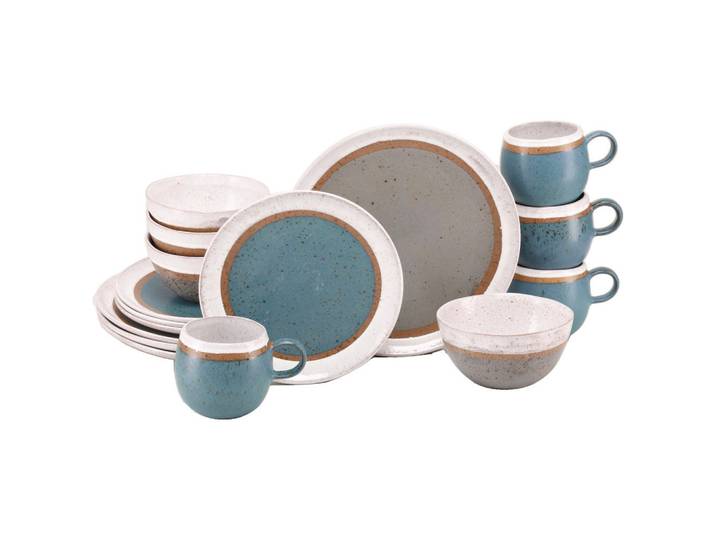 Creatable Kombiservice Fjord Bunt, Grau, Türkis, Weiß, Cognac, Keramik, 16-teilig, Abstraktes, 400 ml,600 ml, stapelbar, Essen & Trinken, Geschirr, Geschirr-Sets, Kombiservice
