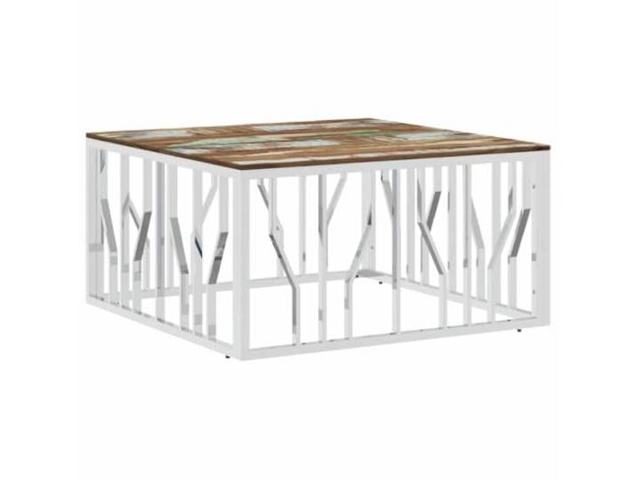 Roanoer Couchtisch Altholz Massiv 80x80cm Sofatisch Edelstahl Silbern Unikater Beistelltisch aus Altholz und Edelstahl als stilvoller Blickfang für moderne Wohnzimmer und Lounge-Bereiche.