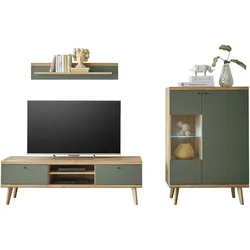 WOHNWAND 3-teilig salbei grün, Eiche Evoke, skandinavisch 260 cm, Schrankwand mit Highboard