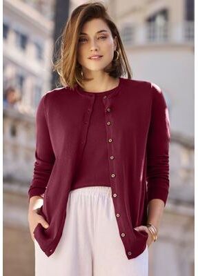 Plus Size Women's Fine Gauge Button-Front Cardigan by Jessica London in Merlot (Size 30/32) Sweater
