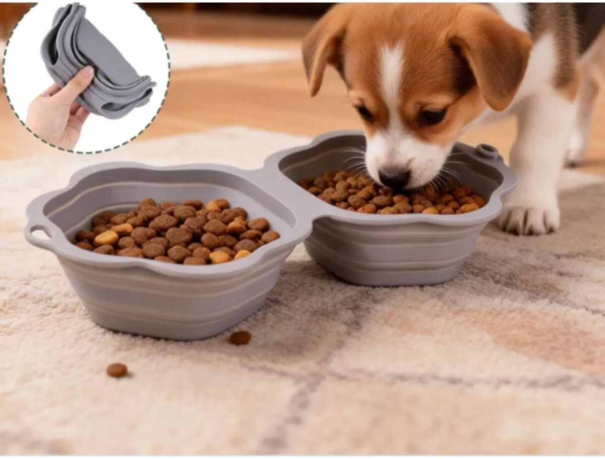 INF Gamelle Portable Pliable pour Animaux - Double Gamelle en Silicone Rétractable pour Nourriture et Eau Gris