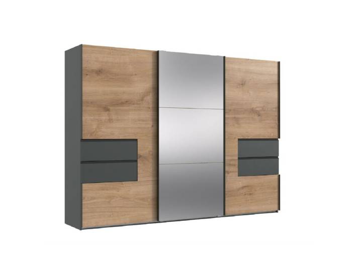 Wimex Palermo Schwebetürenschrank 3-türig wahlweise mit Passepartoutleisten - Plankeneiche Nachbildung, Dekor graphit, Spiegelglas - ohne Zusatzausstattung Modern, Zeitlos