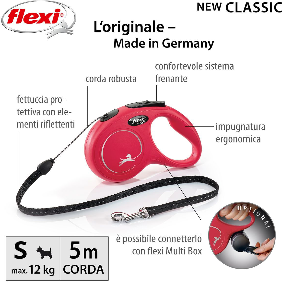 FLEXI Guinzaglio New Classic Cord Rosso S - 5 METRI