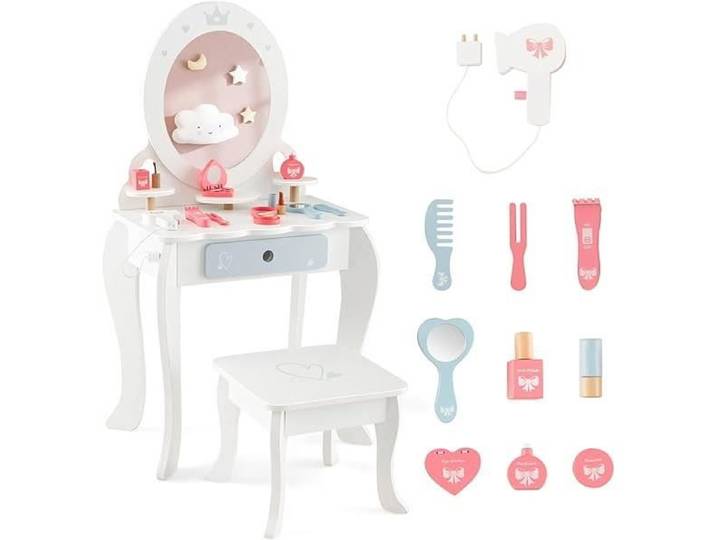 GOPLUS 2 en 1 Coiffeuse Enfants avec Tabouret et Miroir Amovible 10 Accessoires Table de Maquillage pour Enfants de 3 ans +
