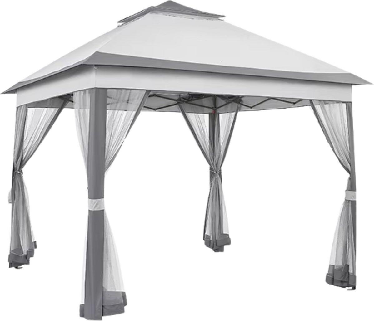 Gartenhaus 3,3x3,3m - Pop-up Gartenpavillon mit 4 abnehmbaren Moskitonetzen - UV- & Regenfest - Faltbar mit Doppel-Dach - Hellgrau