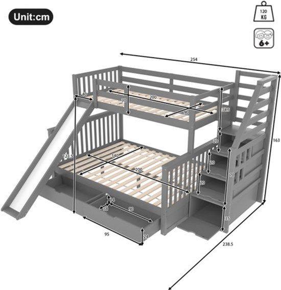 Mehrteiliges Bettgestell 90x200 und 140x200, grau, aus MDF, mit Schubladen und Rutsche, für Kinder