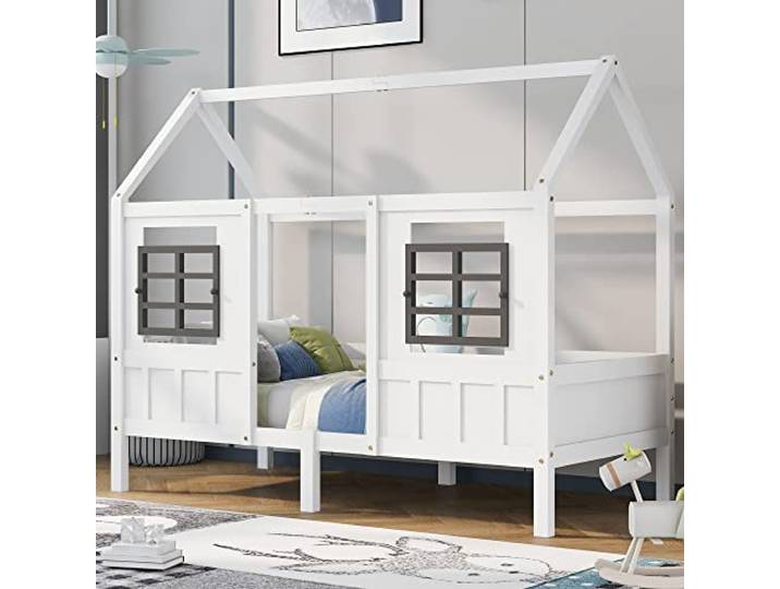 BTM Hausbett Spielbett 90x200, Vielseitiges Kiefernrahmen Kinderbett Spielbett für Jungen & Mädchen - Kinder Bett mit Rausfallschutz und Lattenrost