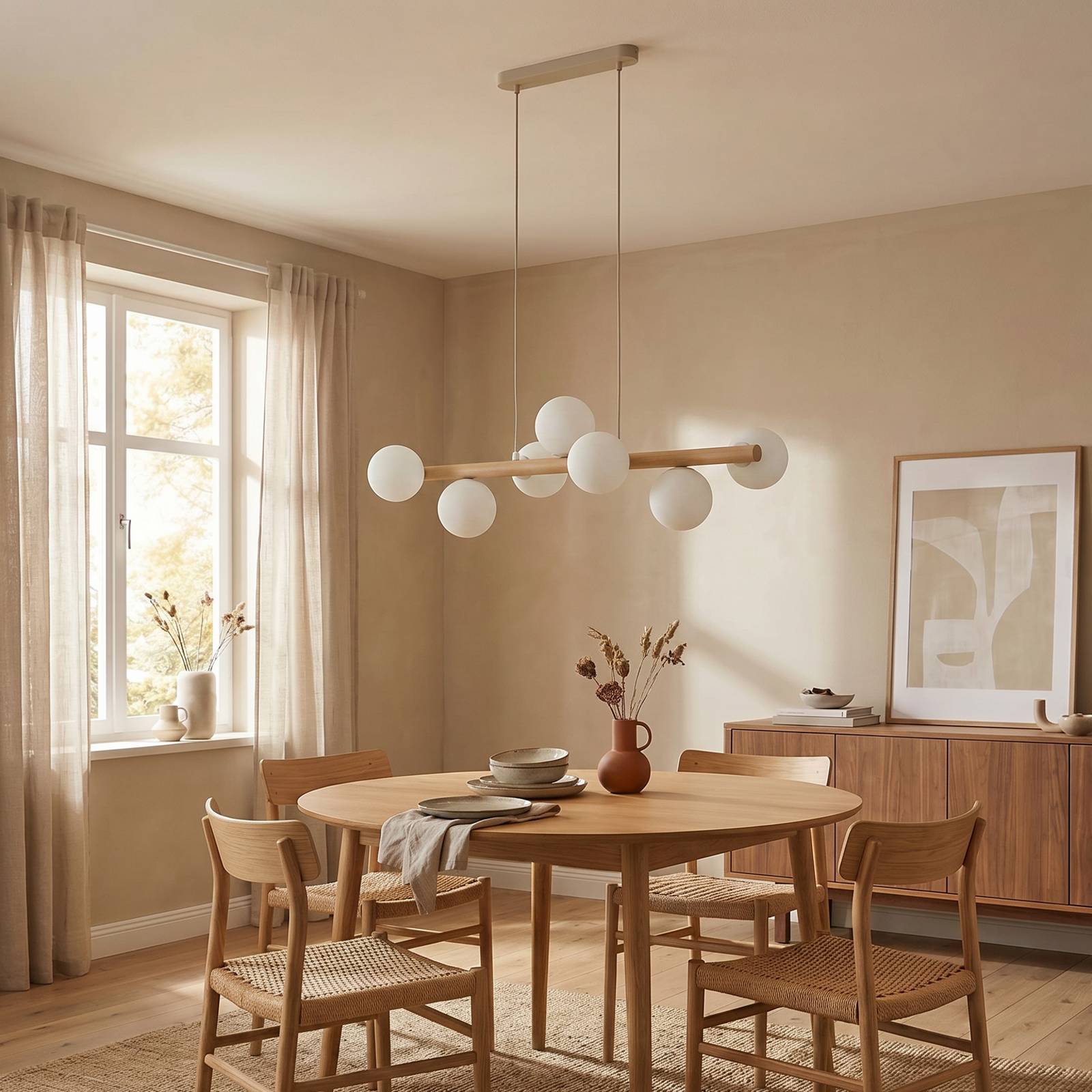 Glas Hängelampe Estera TK Lighting, dimmbar, Holz hell, für Wohn- / Esszimmer, Glas, Pendelleuchte