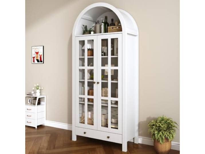 Moderner bogenförmiger Standhochschrank mit mehreren Regalebenen & Schublade – Multifunktionale Vitrine & Regalschrank mit höhenverstellbaren Einlegeböden für Wohnzimmer, Arbeitszimmer und Esszimmer