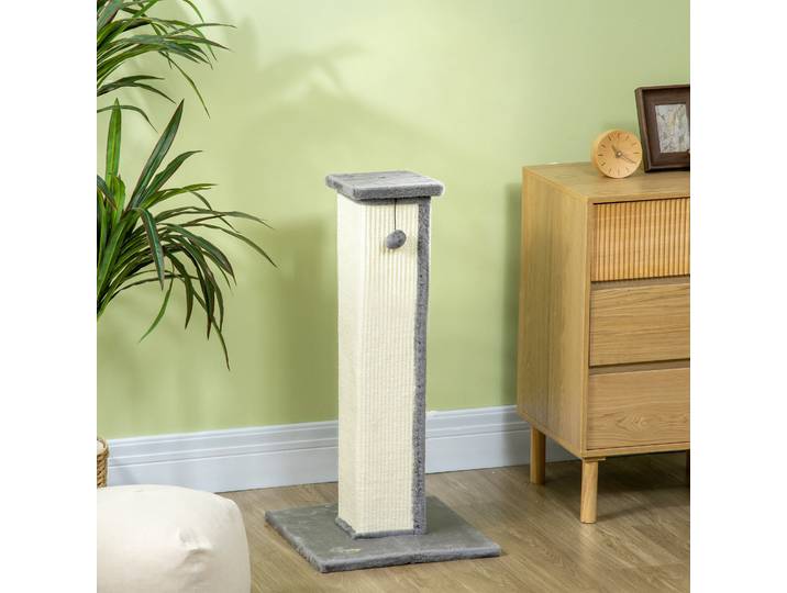 PawHut Griffoir pour chat poteau griffoir chat en sisal et peluche, boule suspendue base stable 41 x 41 x 81 cm gris et crème