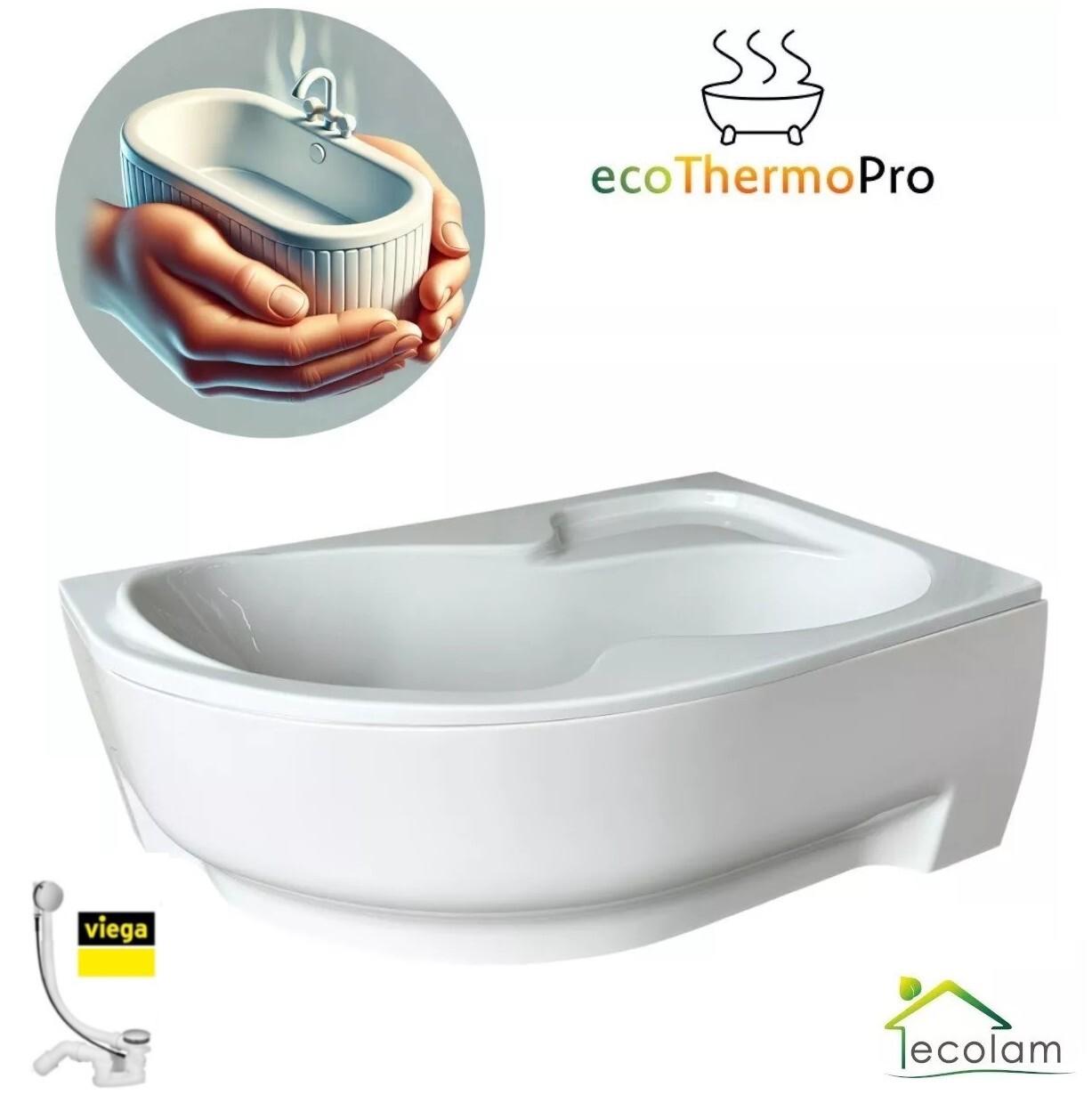ECOLAM Badewanne WELA 150x100 cm rechts Thermobadewanne + Schürze | Wanne mit Isolierung Wärmeschutz Acrylwanne Ablauf Silikon