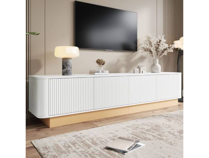 Bladez - Meuble TV 200x40x47.5cm 4 portes cannelées étagères réglables coins arrondis - Blanc