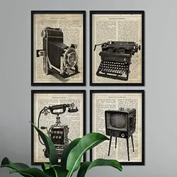 POSTER Set mit 4 Jahrgang Erfindungen von Kamera, Telefon, Fernseher und Schreibmaschine A4 Rahmenlos