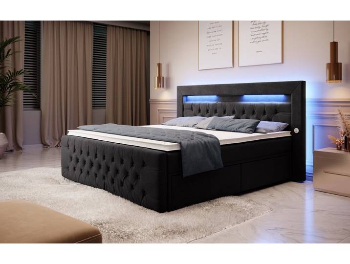 Boxspringbett Sunshine mit indirekter Beleuchtung, USB und Stauraum - 140x200 - Schwarz - H4 (100kg+) - Luxusbetten24