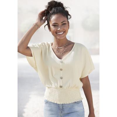 V-Shirt LASCANA, Damen, Gr. 40/42, beige (creme), Jersey, Obermaterial: 98% Polyester, 2% Elasthan, unifarben, figurumspielend hüftlang, V-Ausschnitt, Shirts, mit breitem Smoksaum und Kopfleiste, Blusenshirt, sommerlich