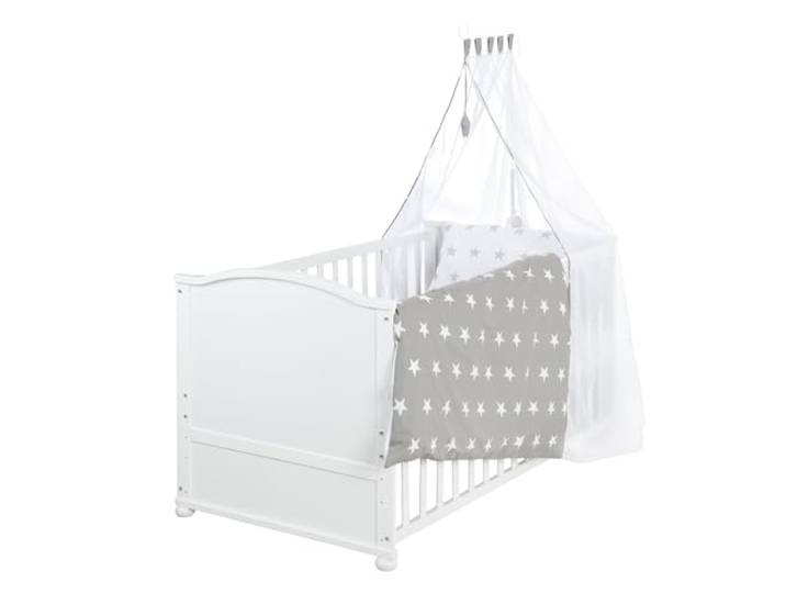 roba Babybett Set Little Stars - 70 x 140 cm - Kinderbett mitwachsend / umbaubar + komplette Textilien im Sterne Design - Höhenverstellbar - Holz weiß