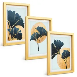 BILDER SET 3er Set - 20x30 cm Goldrahmen - Ginkgoblätter, heller Hintergrund