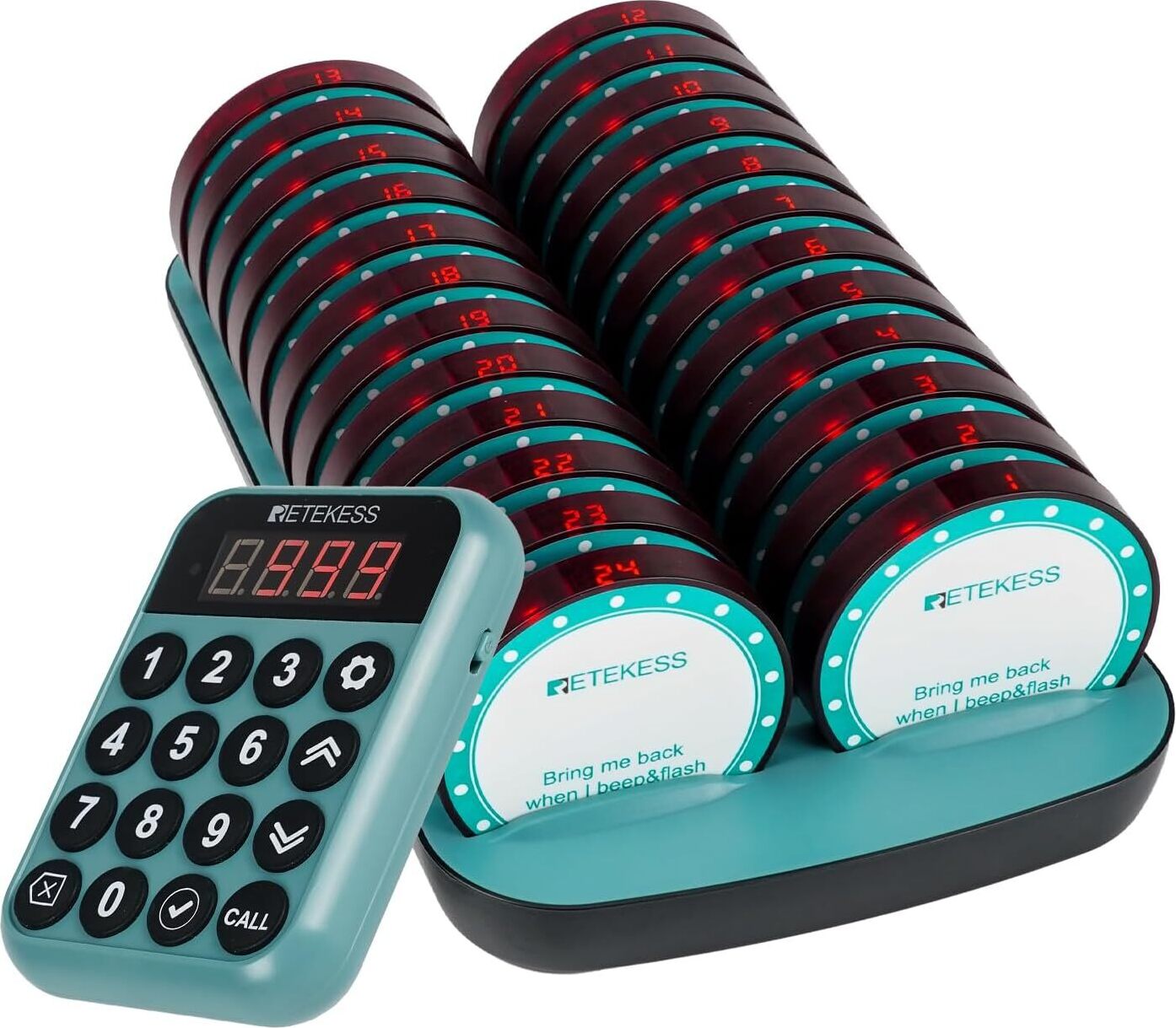Retekess TD168R Pager System Restaurant, Pager Pieper, 400M, Alarm außerhalb der Reichweite, 7 Rufmodi, Service Countdown Zeit, Gastro Pager für Bar