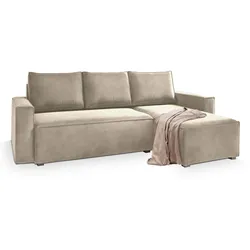 ECKSOFA SILES Creme Velours-Stoff mit Schlaffunktion